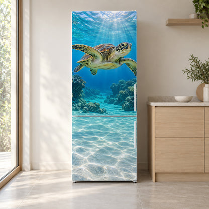 Sea Turtle fridge wrap on a white refrigerator in a bright kitchen