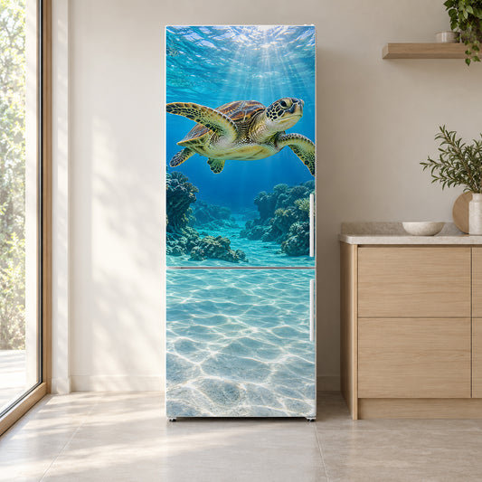 Sea Turtle fridge wrap on a white refrigerator in a bright kitchen