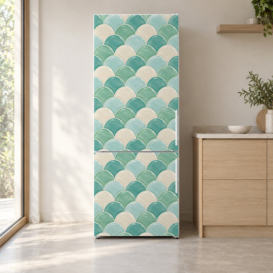 Seafoam Scallop Tiles fridge wrap on a white refrigerator in a bright kitchen