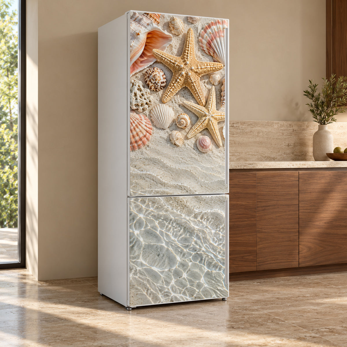Seashells & Starfish fridge wrap, refrigerator shown at an angle