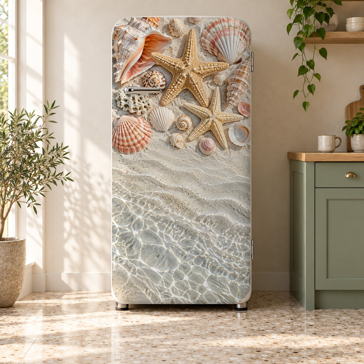 Seashells & Starfish fridge wrap on a retro refrigerator