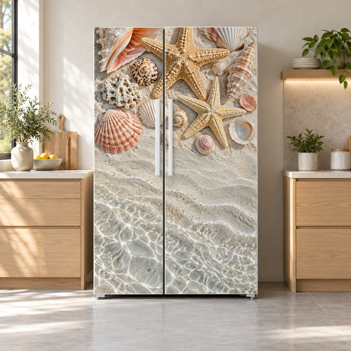 Seashells & Starfish fridge wrap on a side-by-side refrigerator