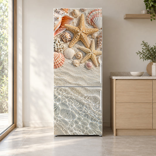 Seashells & Starfish fridge wrap on a white refrigerator in a bright kitchen