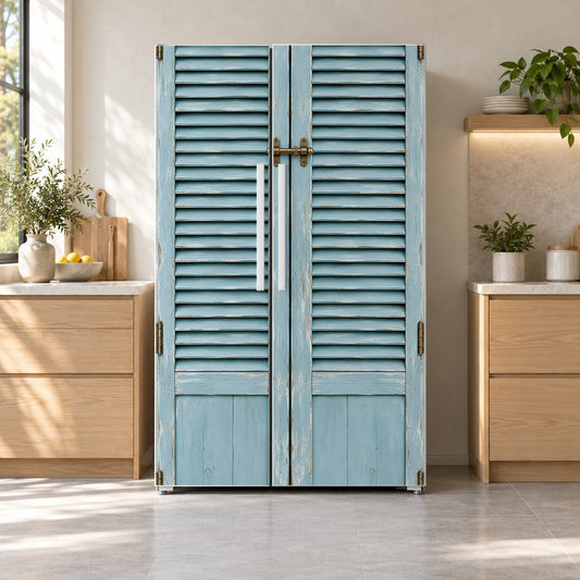 Seaside Cottage Shutters fridge wrap on a side-by-side refrigerator