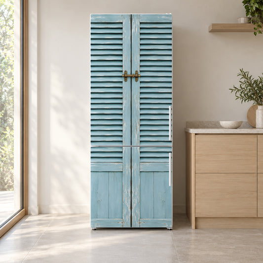 Seaside Cottage Shutters fridge wrap on a white refrigerator in a bright kitchen