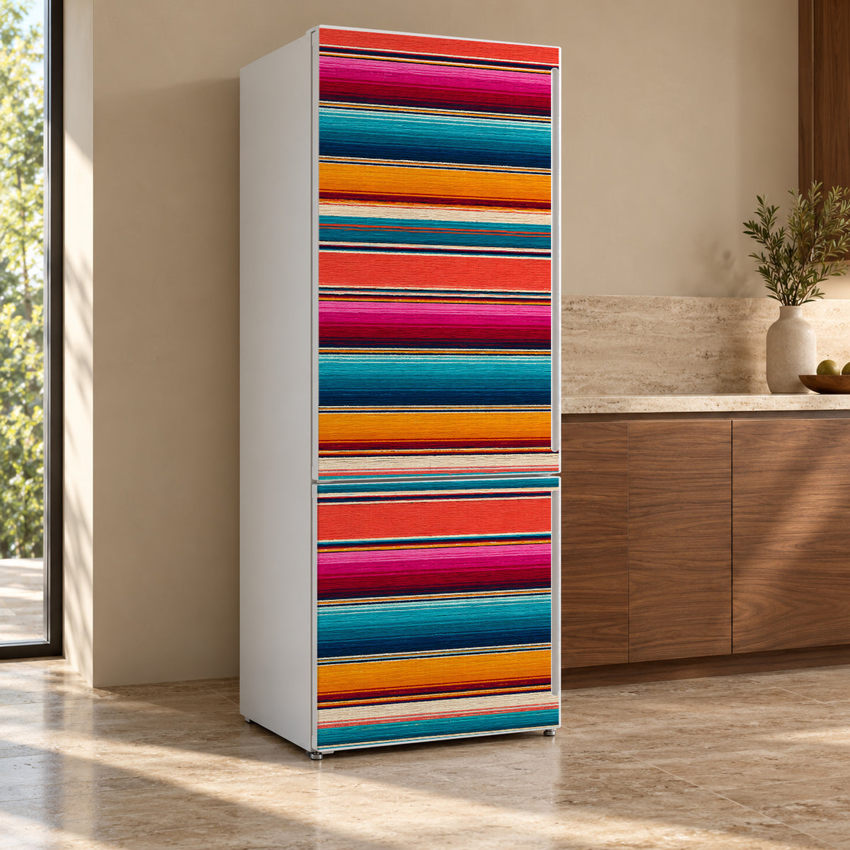 Serape Stripes fridge wrap, refrigerator shown at an angle