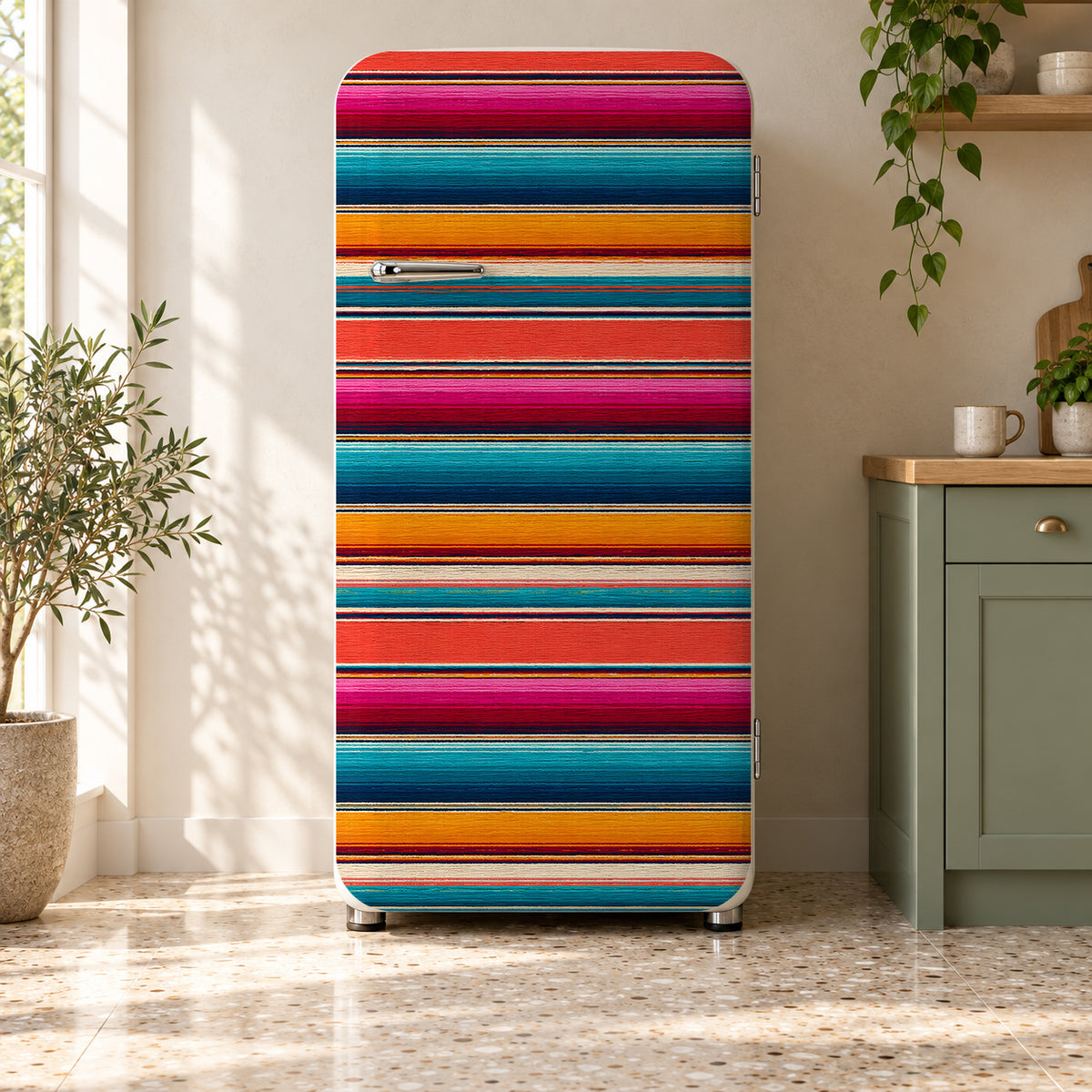 Serape Stripes fridge wrap on a retro refrigerator