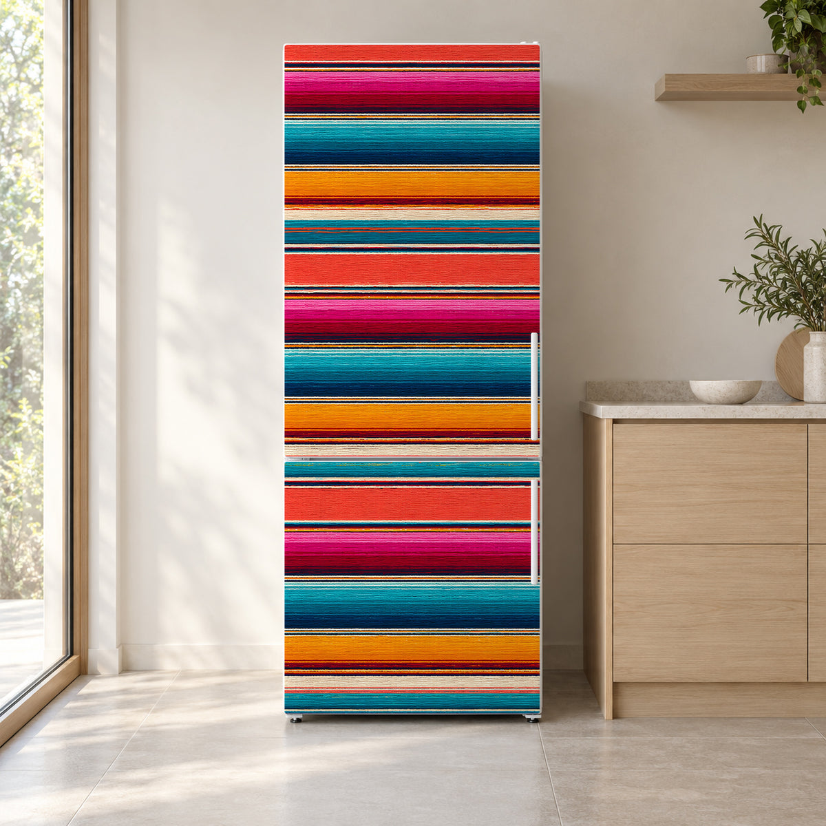 Serape Stripes fridge wrap on a white refrigerator in a bright kitchen