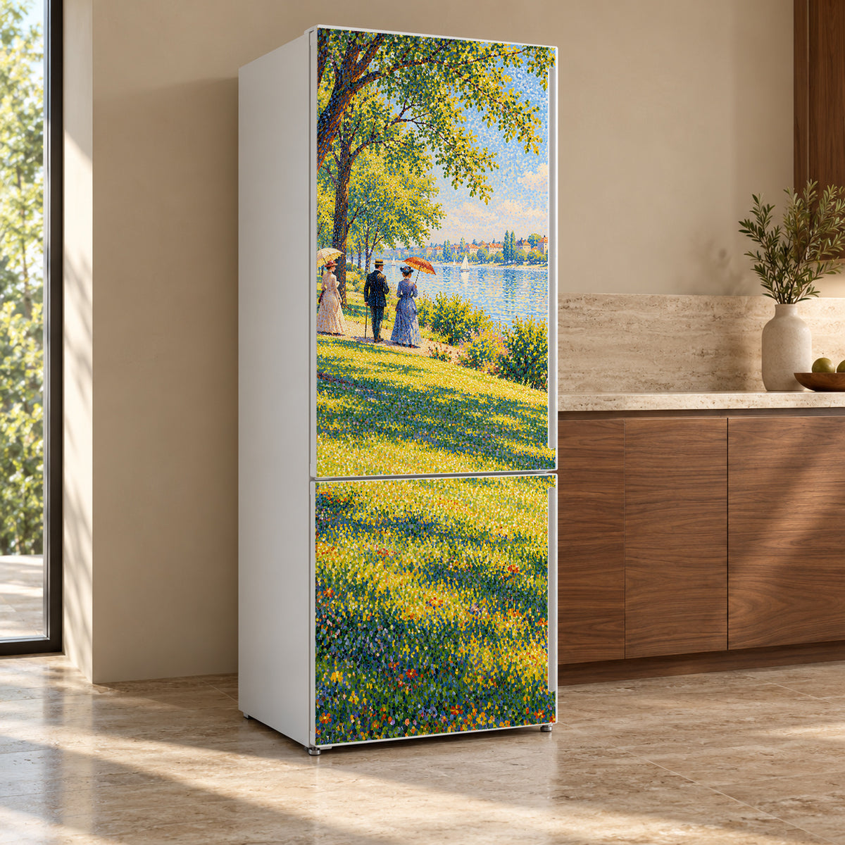 Seurat-Inspired Pointillist Park fridge wrap, refrigerator shown at an angle