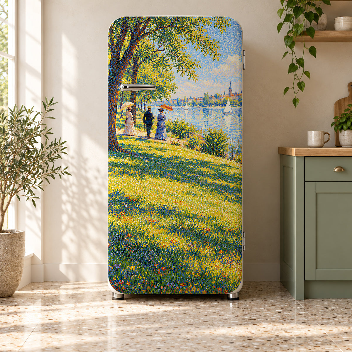 Seurat-Inspired Pointillist Park fridge wrap on a retro refrigerator