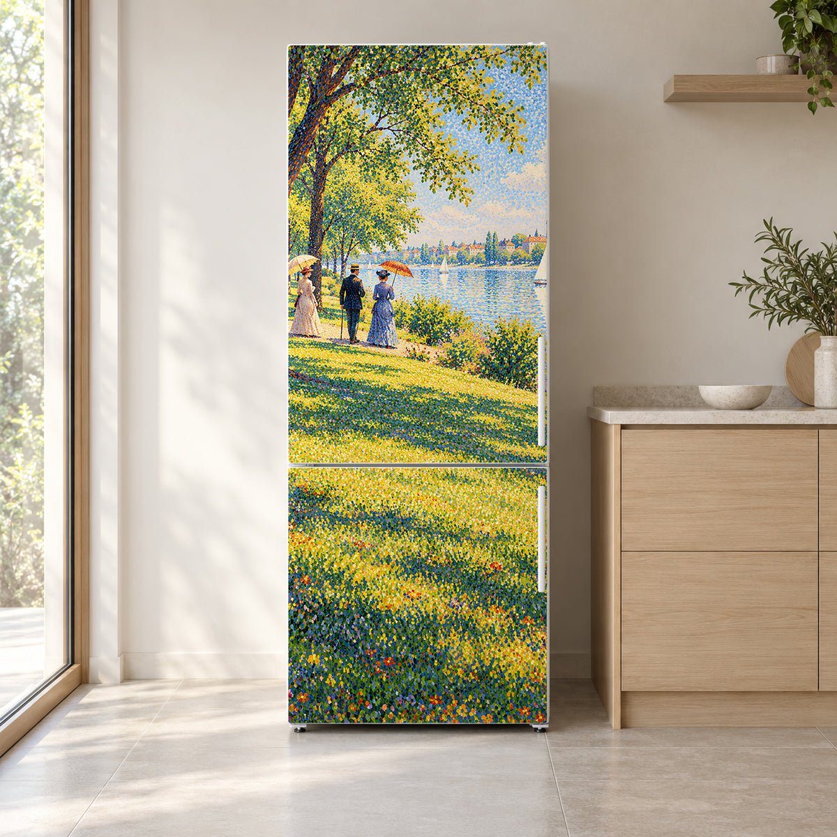 Seurat-Inspired Pointillist Park fridge wrap on a white refrigerator in a bright kitchen