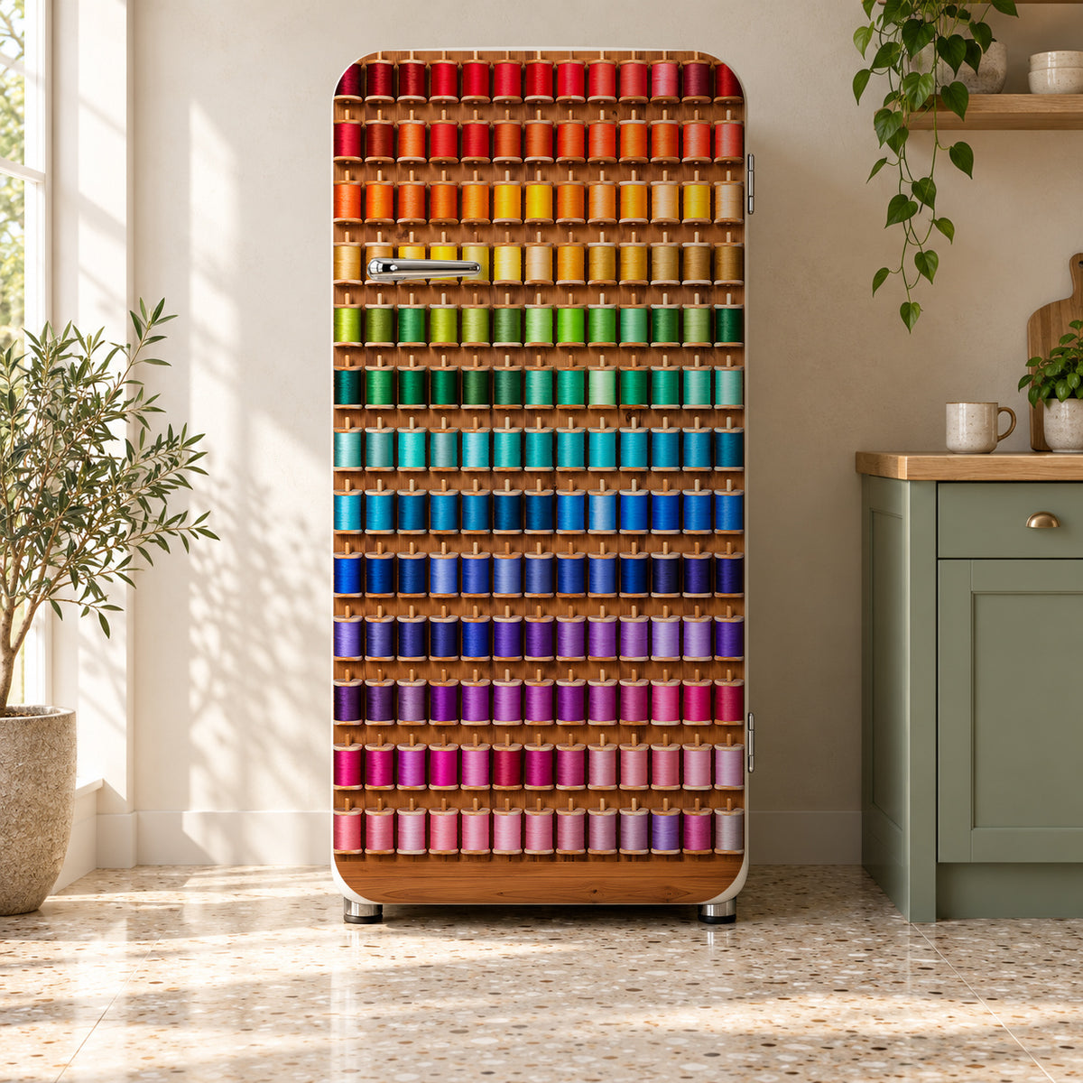 Sewing Thread Spool Wall fridge wrap on a retro refrigerator