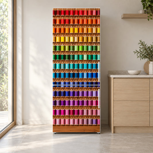 Sewing Thread Spool Wall fridge wrap on a white refrigerator in a bright kitchen