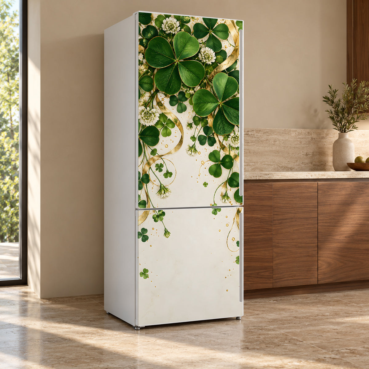Shamrocks & Gold fridge wrap, refrigerator shown at an angle