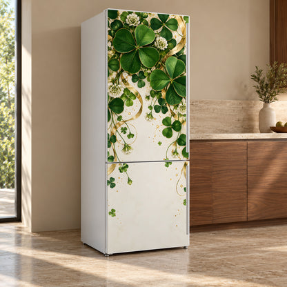 Shamrocks & Gold fridge wrap, refrigerator shown at an angle
