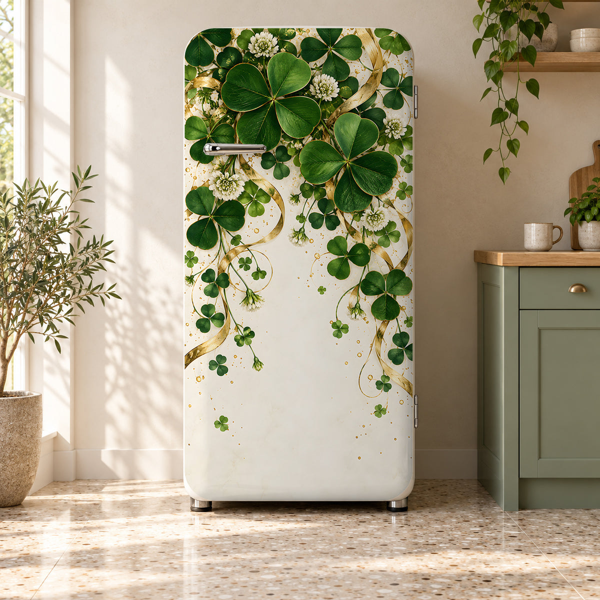 Shamrocks & Gold fridge wrap on a retro refrigerator