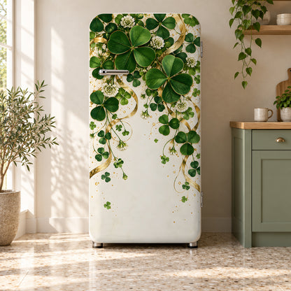 Shamrocks & Gold fridge wrap on a retro refrigerator