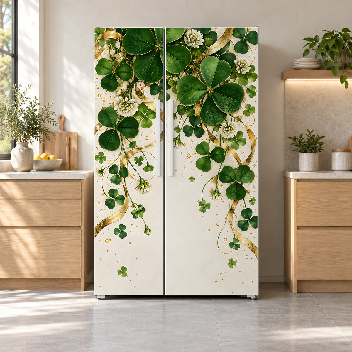 Shamrocks & Gold fridge wrap on a side-by-side refrigerator