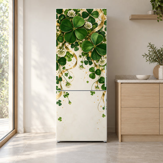 Shamrocks & Gold fridge wrap on a white refrigerator in a bright kitchen