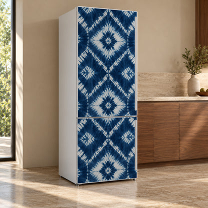 Shibori Indigo Tie-Dye fridge wrap, refrigerator shown at an angle