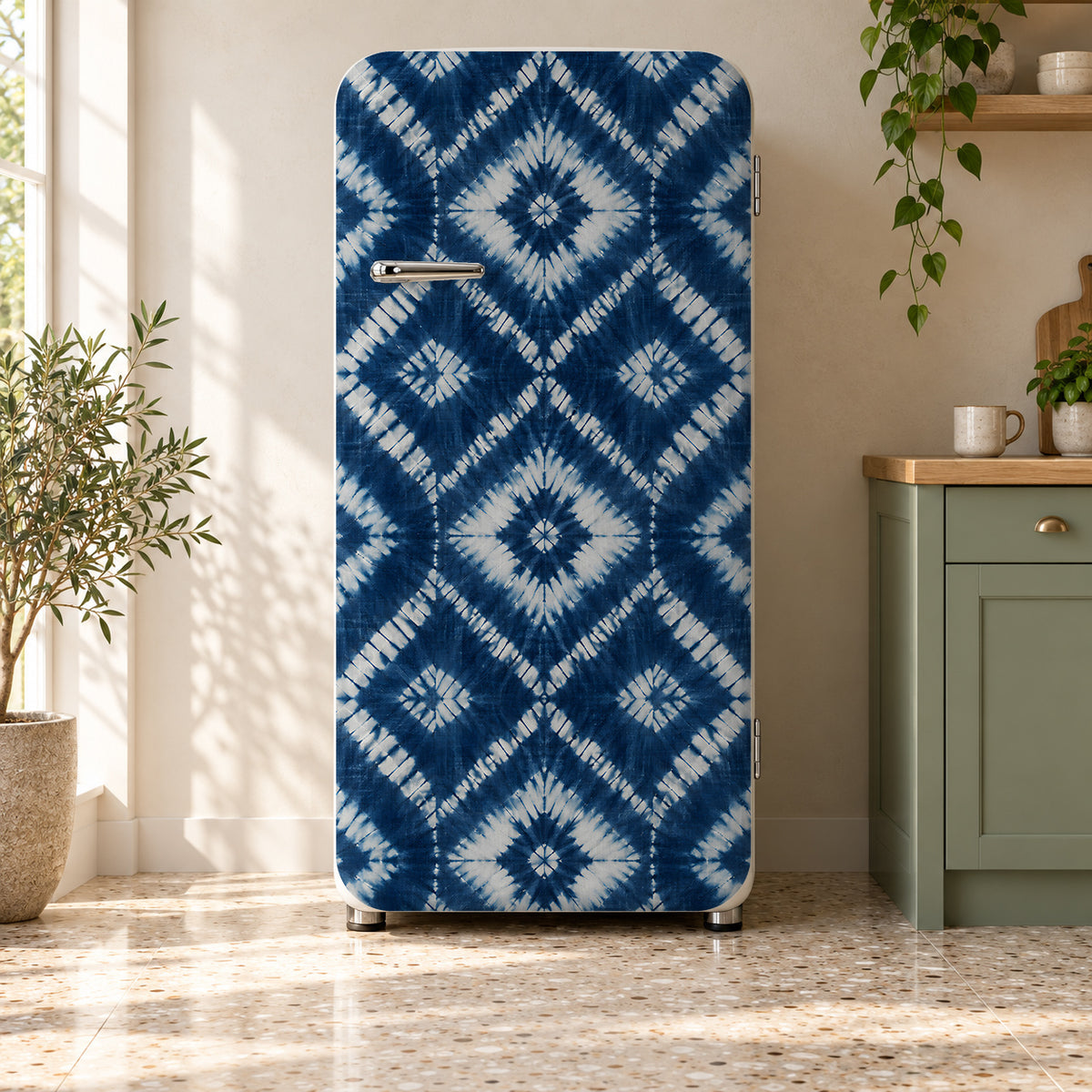 Shibori Indigo Tie-Dye fridge wrap on a retro refrigerator