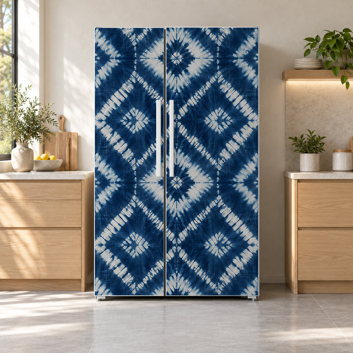 Shibori Indigo Tie-Dye fridge wrap on a side-by-side refrigerator