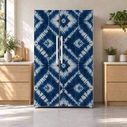 Shibori Indigo Tie-Dye fridge wrap on a side-by-side refrigerator