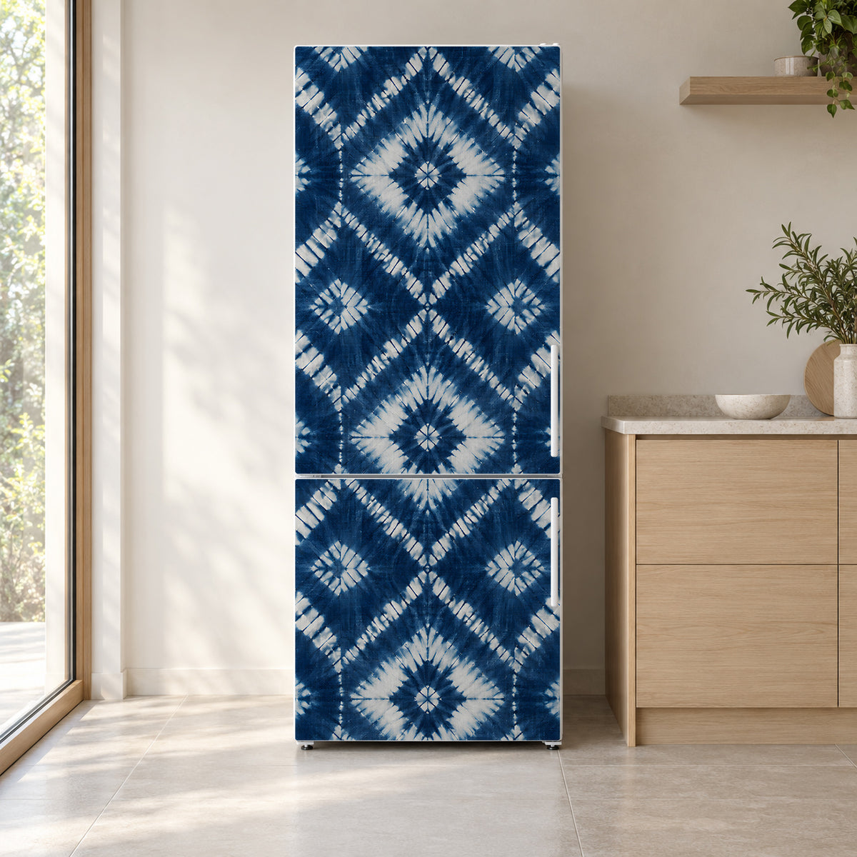 Shibori Indigo Tie-Dye fridge wrap on a white refrigerator in a bright kitchen
