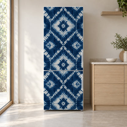 Shibori Indigo Tie-Dye fridge wrap on a white refrigerator in a bright kitchen