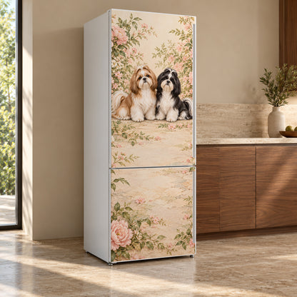 Shih Tzus fridge wrap, refrigerator shown at an angle
