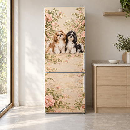 Shih Tzus fridge wrap on a white refrigerator in a bright kitchen