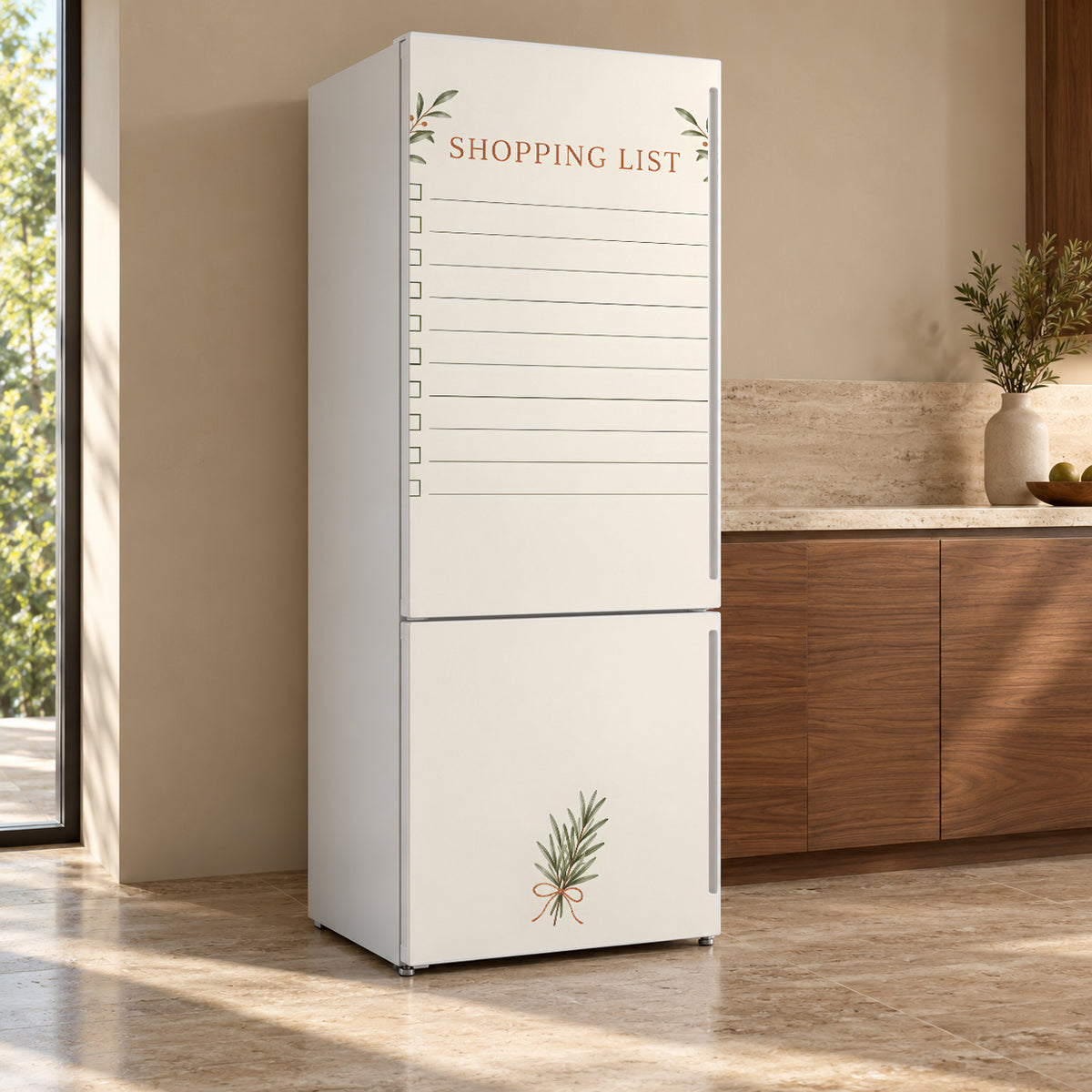 Shopping List fridge wrap, refrigerator shown at an angle