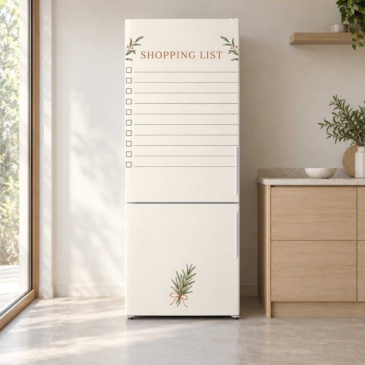 Shopping List fridge wrap on a white refrigerator in a bright kitchen