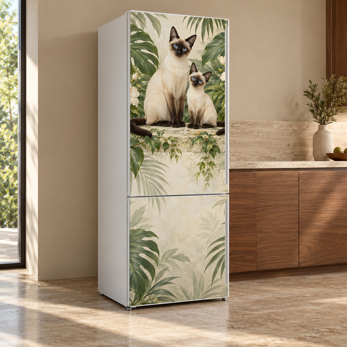 Siamese Cats fridge wrap, refrigerator shown at an angle