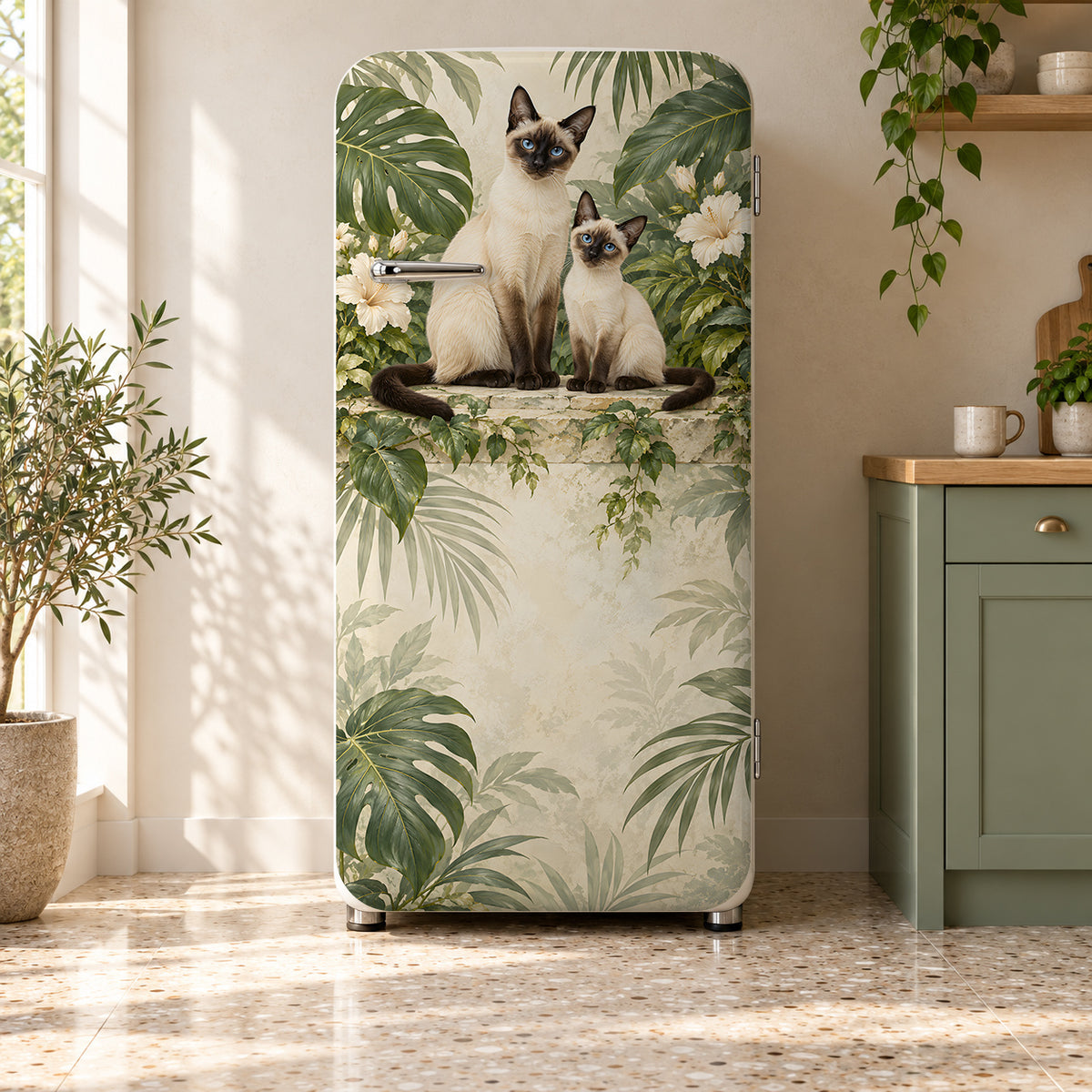 Siamese Cats fridge wrap on a retro refrigerator