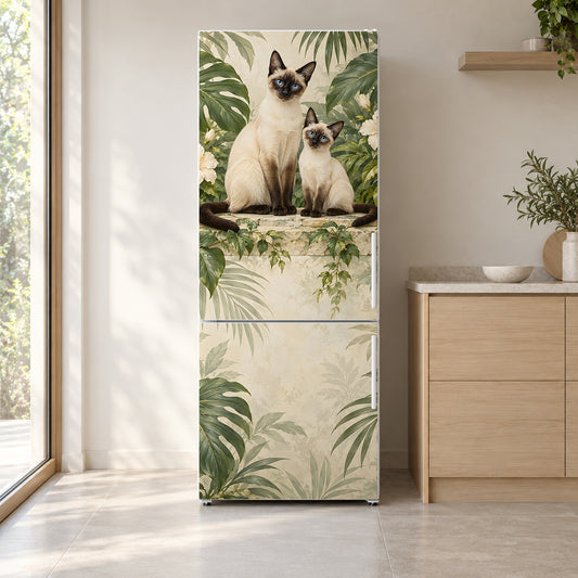 Siamese Cats fridge wrap on a white refrigerator in a bright kitchen