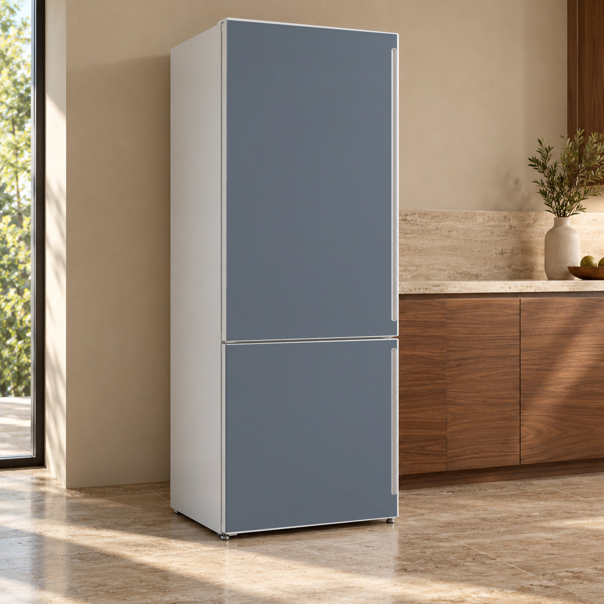 Slate Gray fridge wrap, refrigerator shown at an angle