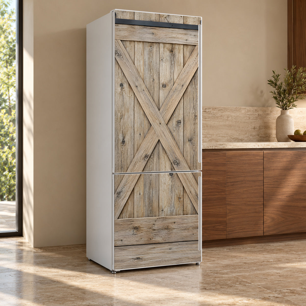 Sliding Barn Door fridge wrap, refrigerator shown at an angle
