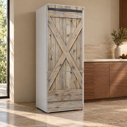 Sliding Barn Door fridge wrap, refrigerator shown at an angle