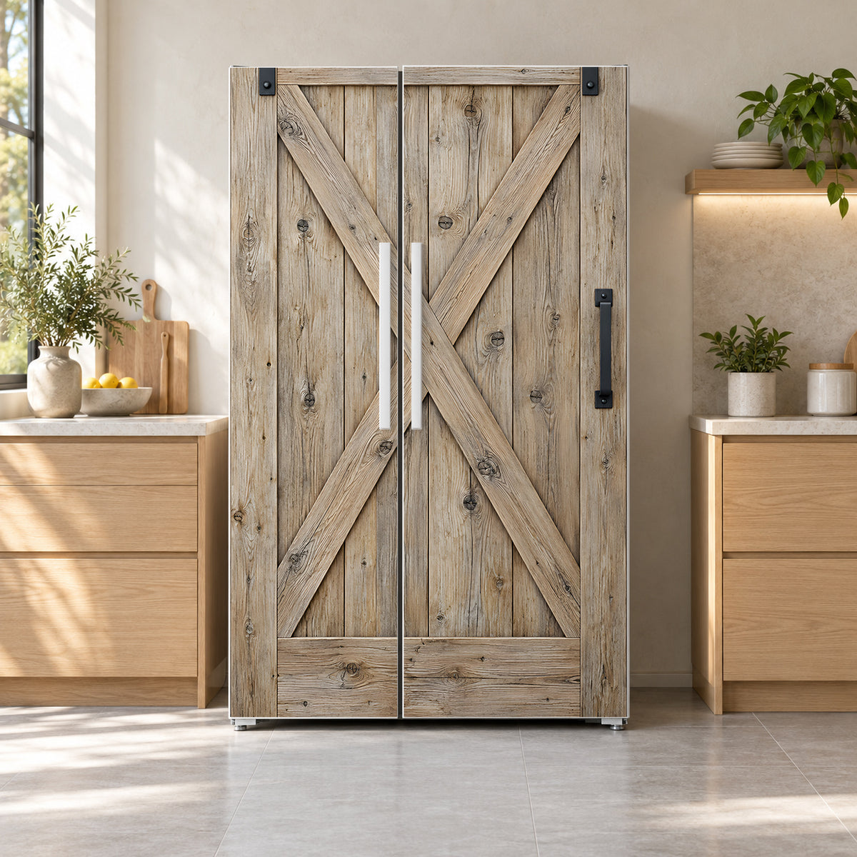 Sliding Barn Door fridge wrap on a side-by-side refrigerator