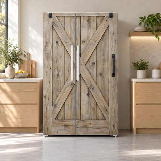 Sliding Barn Door fridge wrap on a side-by-side refrigerator
