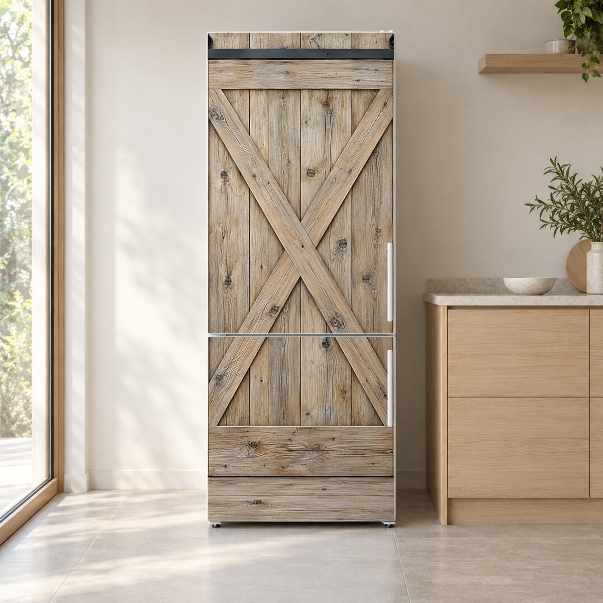 Sliding Barn Door fridge wrap on a white refrigerator in a bright kitchen