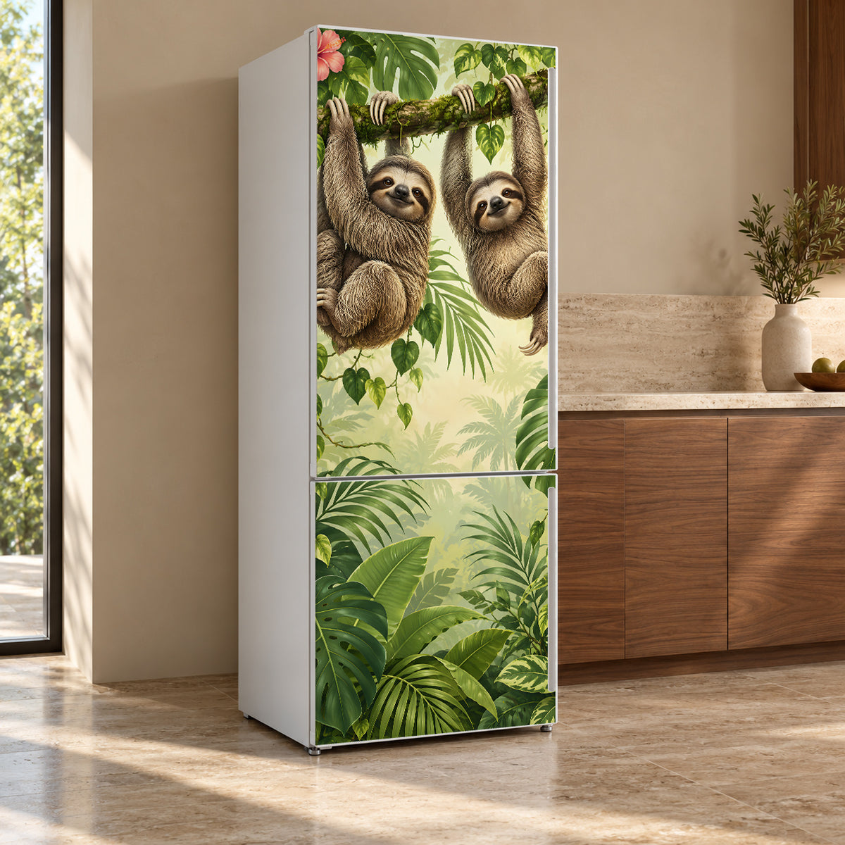 Sloths fridge wrap, refrigerator shown at an angle