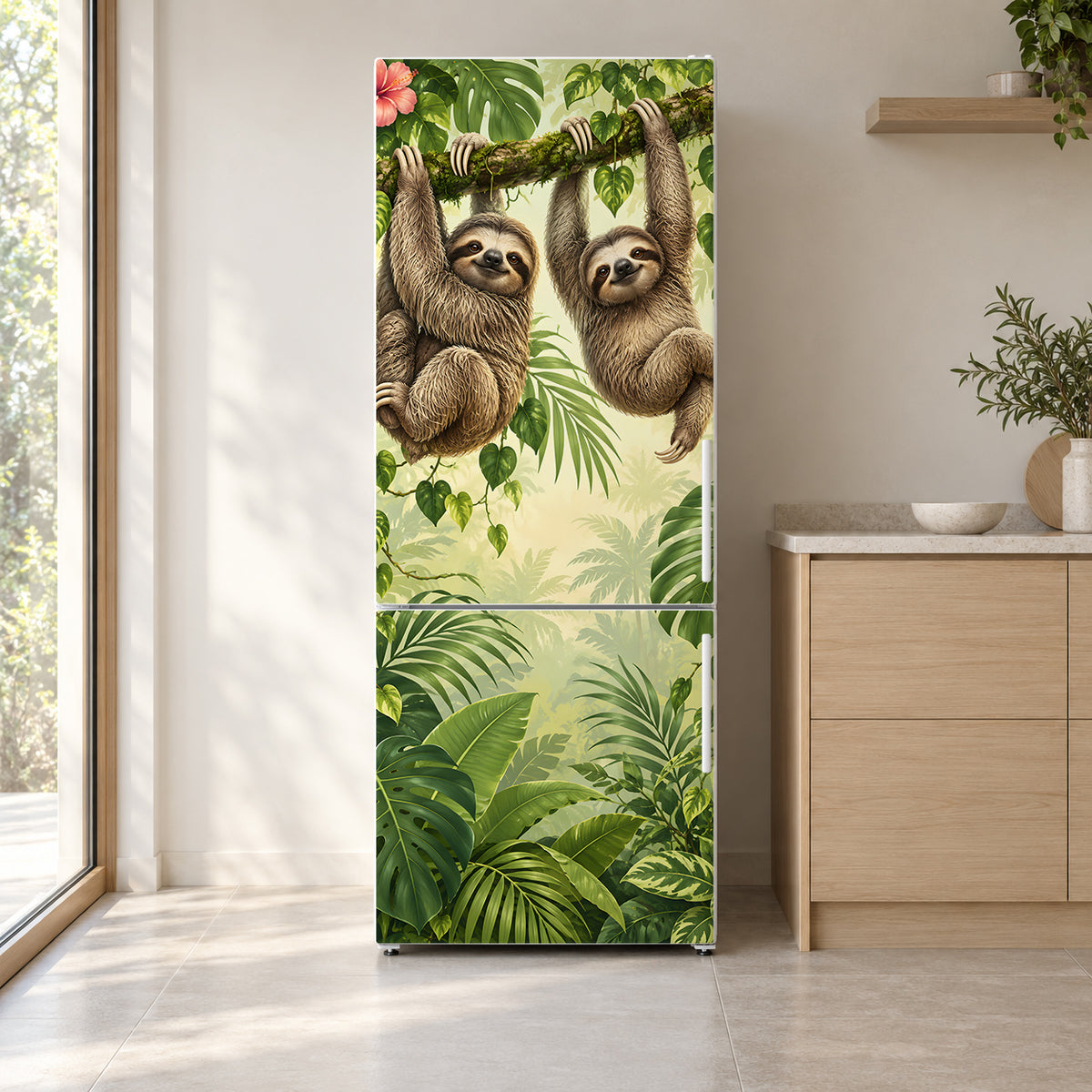 Sloths fridge wrap on a white refrigerator in a bright kitchen