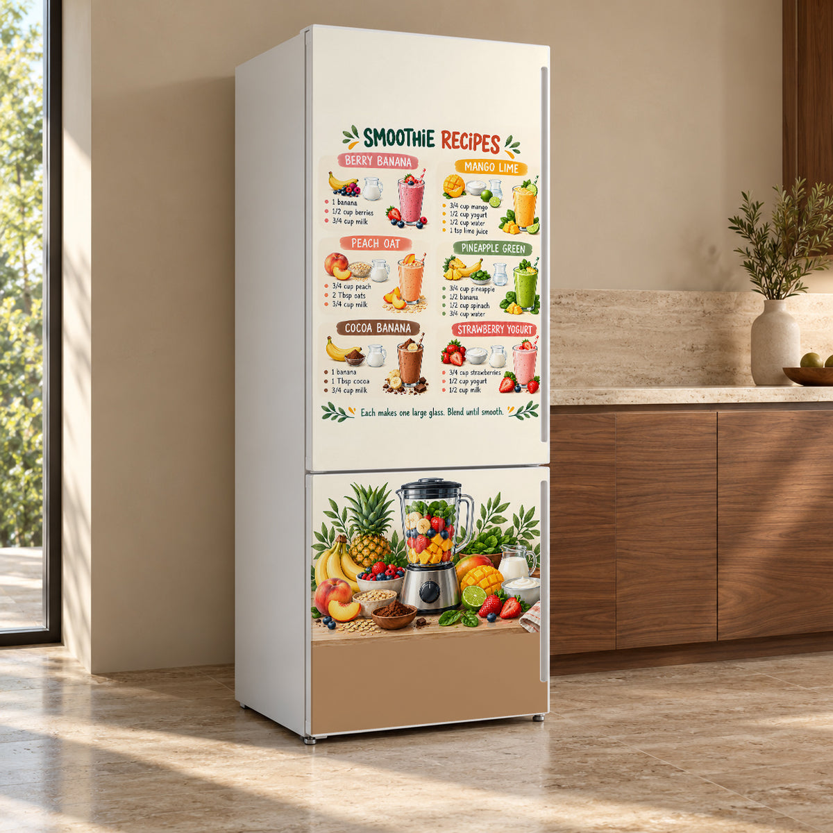 Smoothie Recipes Chart fridge wrap, refrigerator shown at an angle