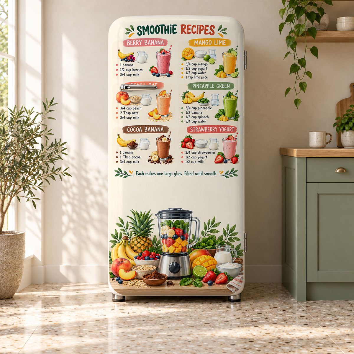 Smoothie Recipes Chart fridge wrap on a retro refrigerator
