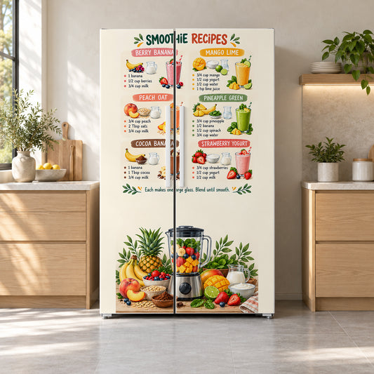 Smoothie Recipes Chart fridge wrap on a side-by-side refrigerator