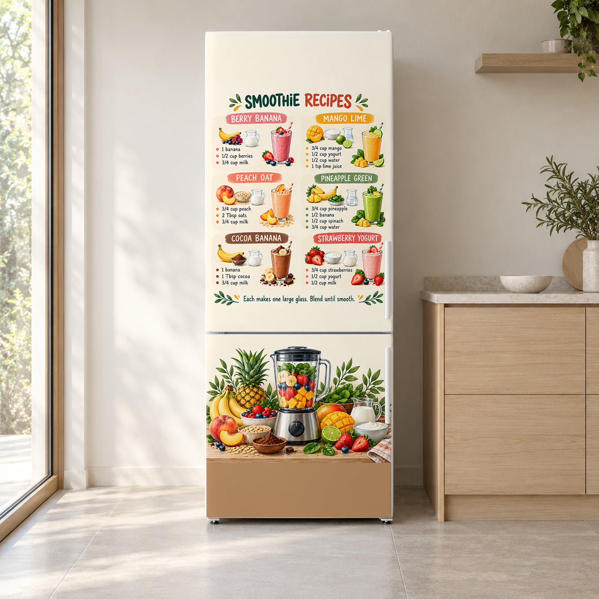 Smoothie Recipes Chart fridge wrap on a white refrigerator in a bright kitchen