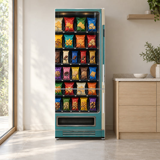 Snack Vending Machine fridge wrap on a white refrigerator in a bright kitchen