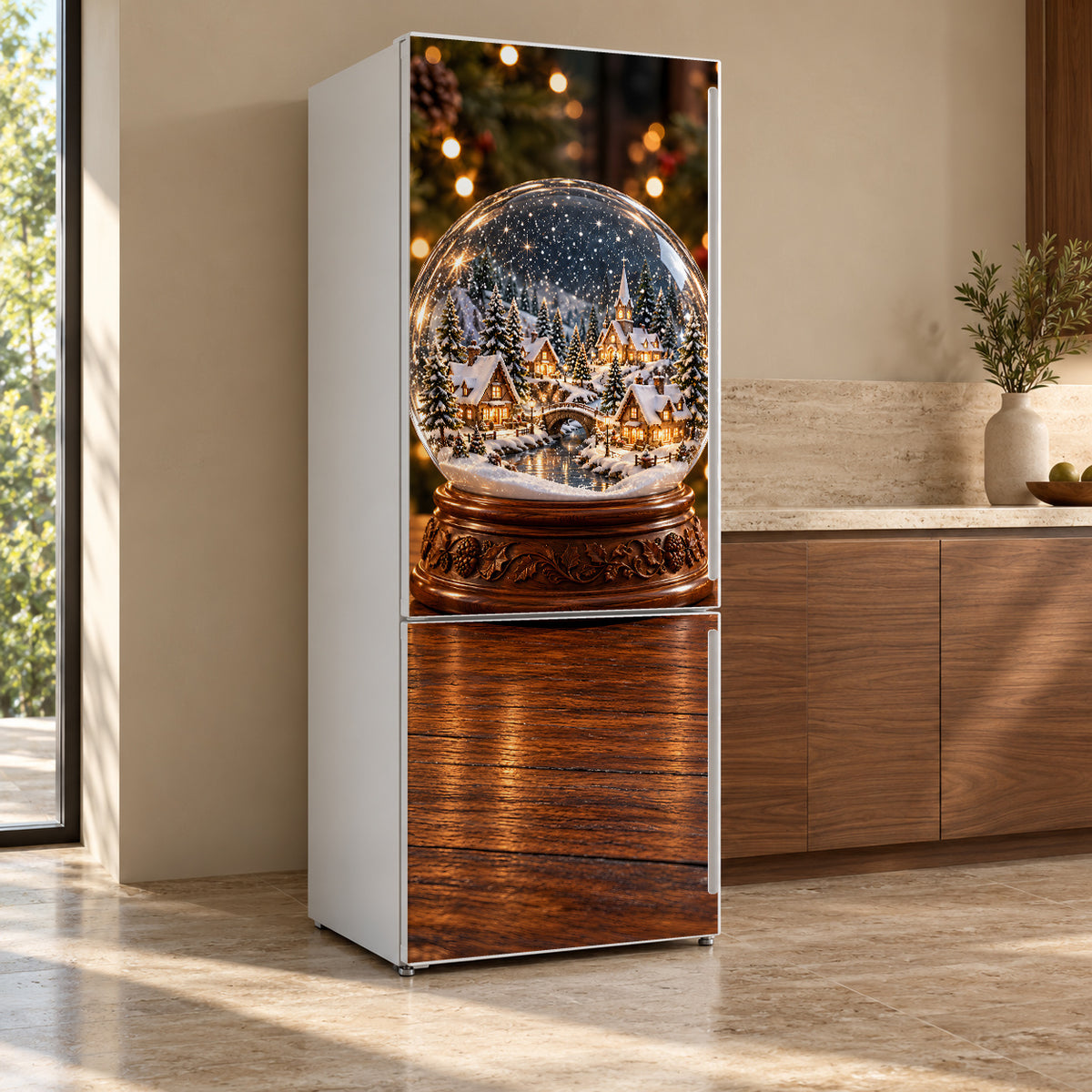 Snow Globe Village fridge wrap, refrigerator shown at an angle
